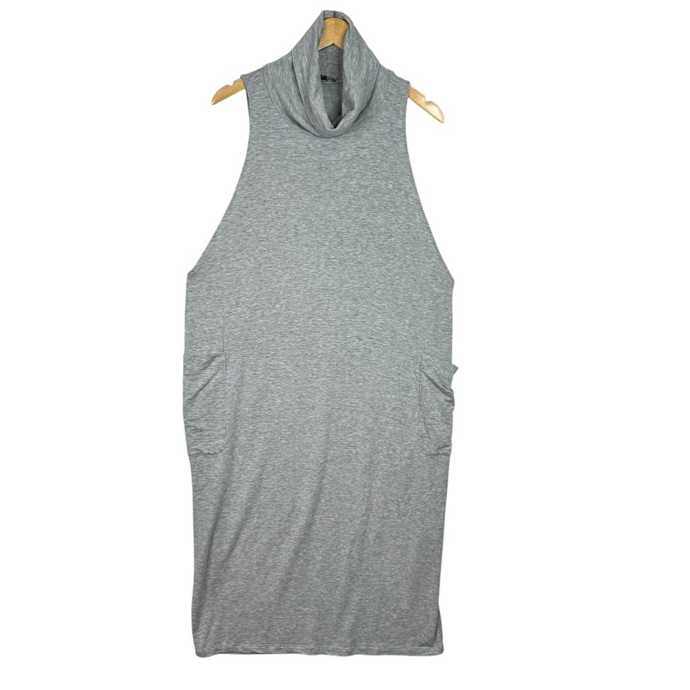 Eileen Fisher Gray Tencel Jersey Sleeveless Turtleneck Midi Dress Pockets Size M